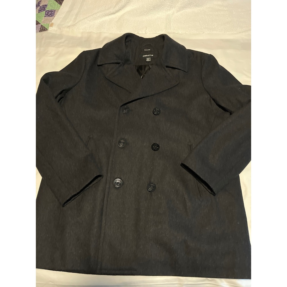 Claiborne Mens Wool Blend Pea Coat Dark Gray Double Breasted Quilted Lining XL